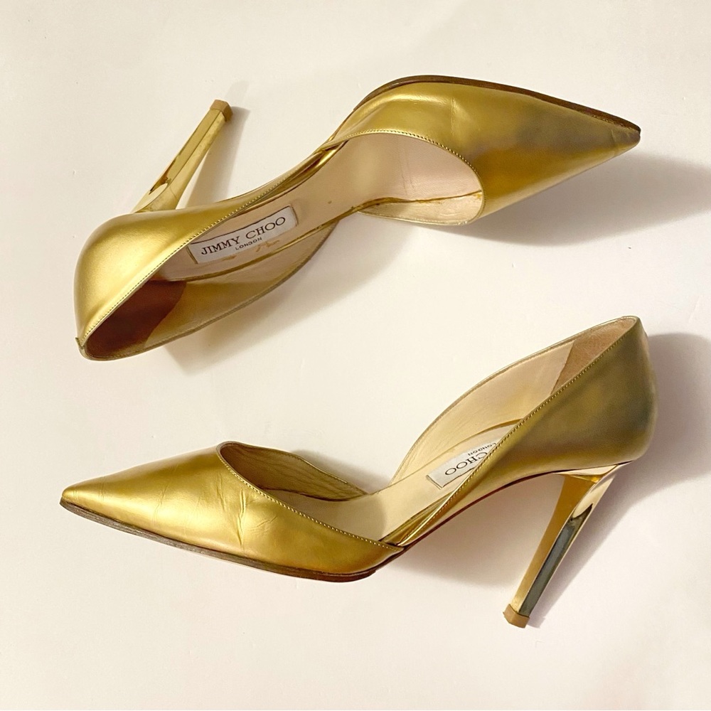 JIMMY CHOO METALLIC GOLD POINTED TOE METAL HIGH HEEL PUMPS - Picture 2 of 13